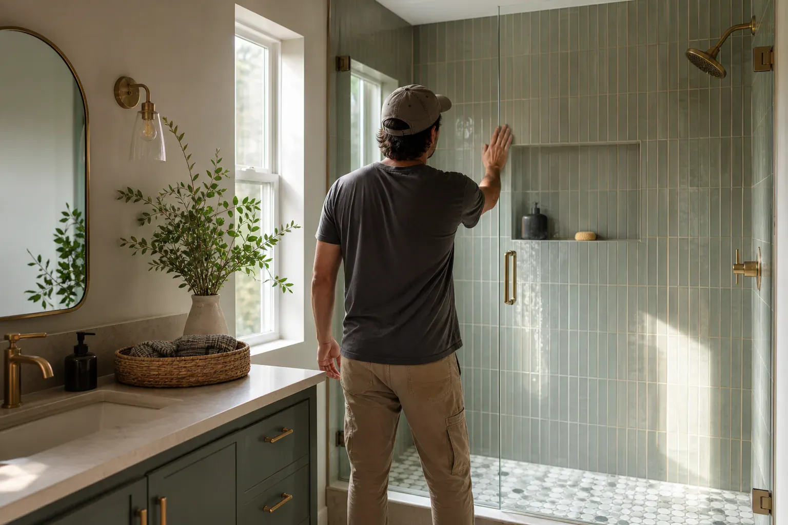 Bathroom remodel in Balcones Heights Tx — a tradesperson making a careful final pass over the finished work